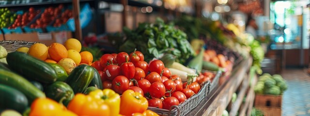 Obraz premium Vibrant display of fresh vegetables and fruits at a local market