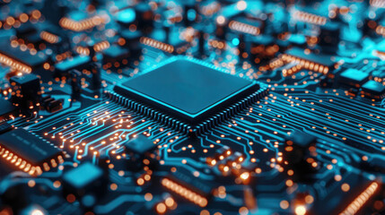 Obraz premium Circuit board microchips with blue backlight. Nanotechnology sustainable background.