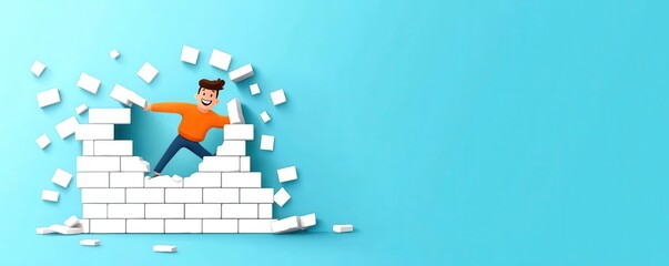 Overcoming challenges, person breaking through a wall with a smile, flat design illustration