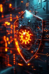 A futuristic shield with a glowing virus icon that is detected and blocked by the shield, representing real-time antivirus defense. 