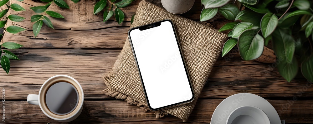 Poster mobile phone on office table with notepad and coffee cup. smartphone white screen mockup for design.