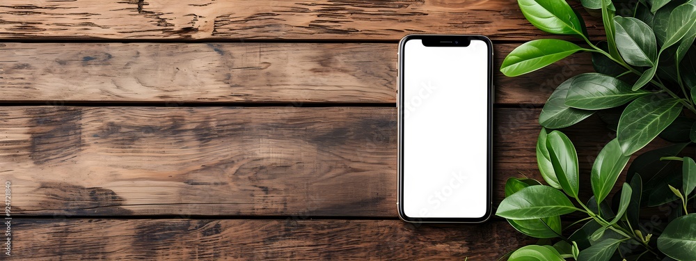 Poster mobile phone on office table with notepad and coffee cup. smartphone white screen mockup for design.