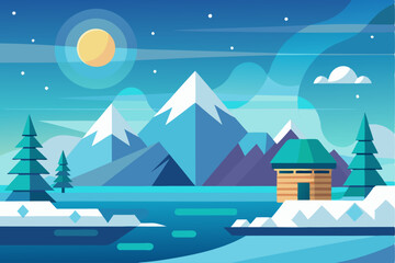 A Cabin in the Snowy Mountains Under a Full Moon