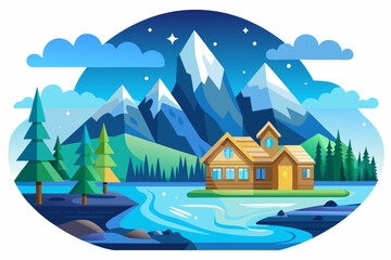 Naklejka premium Nighttime View of a Wooden Cabin Nestled in a Mountain Valley