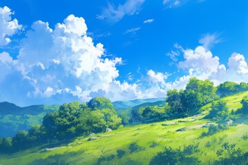 Obraz premium Scenic landscape of green hills, lush trees and blue sky with fluffy clouds. Ideal background for nature, environment, summer, spring themes.