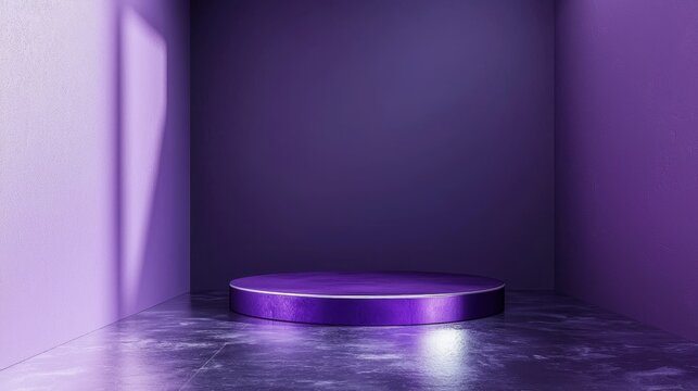 Metallic Purple Y2K Elegance Display in an Empty Room, showcasing a cosmetic product on a chrome and velvet podium, rich purple with silver and white accents.