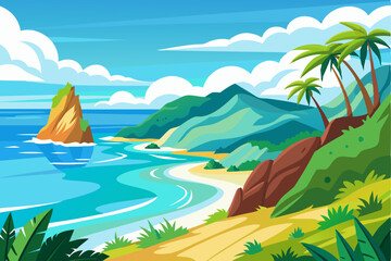 Obraz premium Tropical Beach with Palm Trees and a Rocky Outcropping