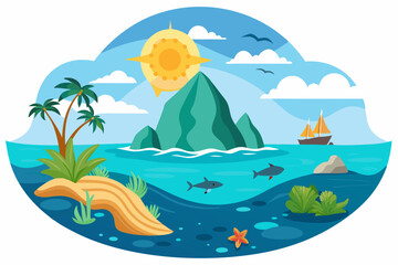 Tropical Island Seascape with Palm Trees, Boat, and Sharks
