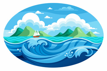 Fototapeta premium Sailboat on Ocean with Mountains and Clouds in Circular Frame