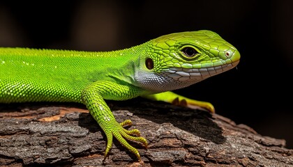 Fototapeta premium Close-up of a vibrant green lizard on textured bark, high detail in scales, sunlight casting shadows, Lizard, nature close-up