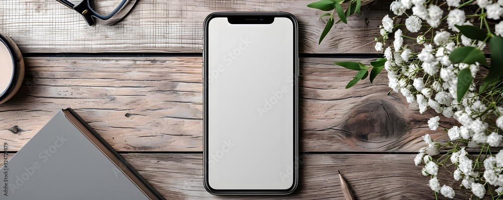 Poster mobile phone on office table with notepad and coffee cup. smartphone white screen mockup for design.