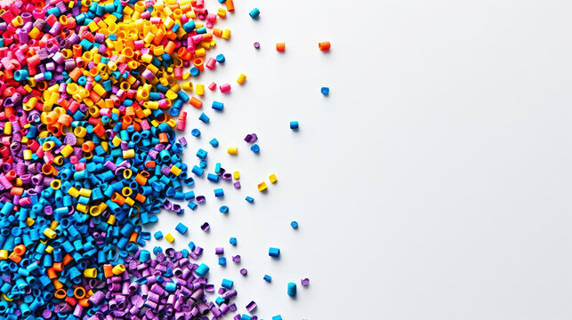 Top view of colorful polymer masterbatch granules, light background, industrial plastic template. Generative AI