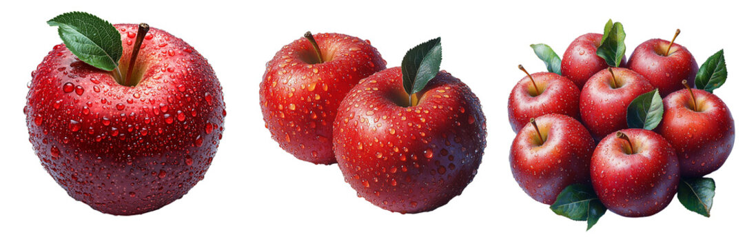 High-resolution, detailed images of fresh red apples with water droplets on a transparent background for use in food advertising and graphic design