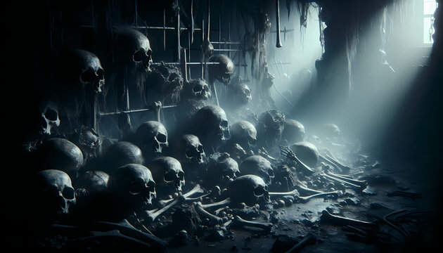 Catacombs creepy skulls gothic dark atmosphere with human skeleton halloween spooky emo death metal catacomb obscure fantasy graveyard cemetery dead night coffins horror darkness