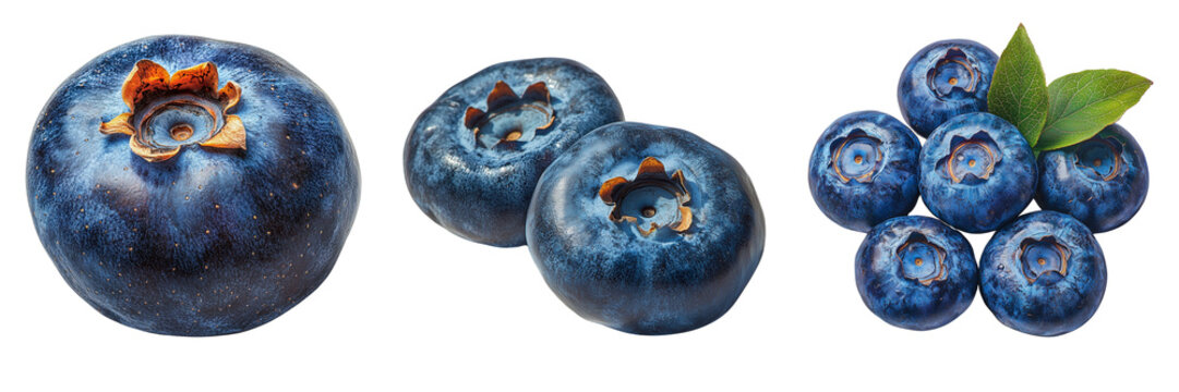 High-resolution images of fresh blueberries with natural details and a transparent background, ideal for food packaging, healthy eating campaigns, and digital designs
