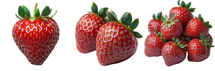 High-resolution images of fresh strawberries with natural details and a transparent background, perfect for food packaging, advertising, and healthy lifestyle designs