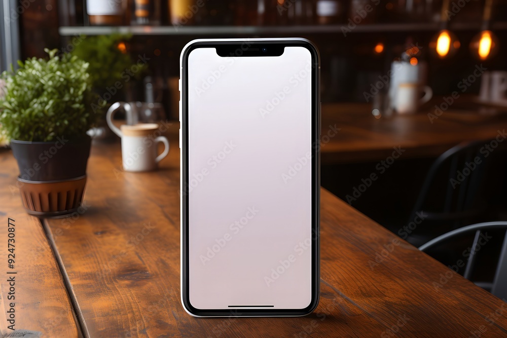 Poster mobile phone on office table with notepad and coffee cup. smartphone white screen mockup for design.