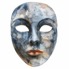Naklejka premium A Greek tragedy mask, theatrical face cover, watercolor style, isolated on white background