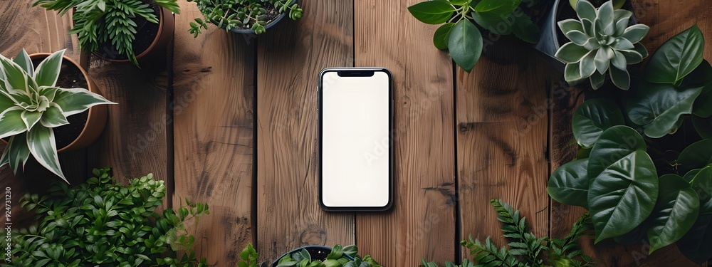 Poster mobile phone on office table with notepad and coffee cup. smartphone white screen mockup for design.