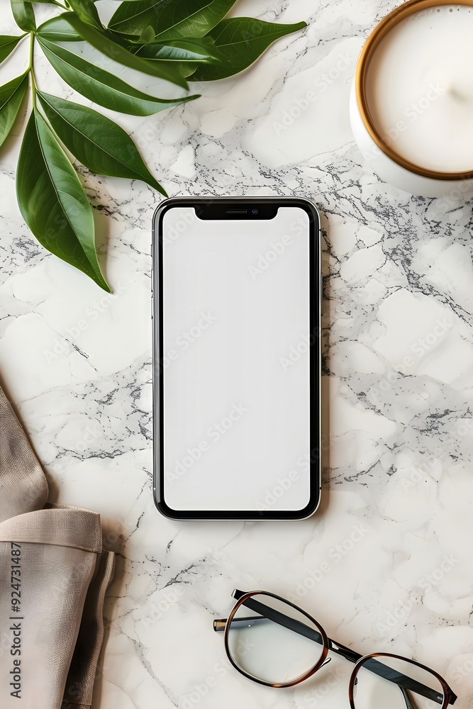 Poster mobile phone on office table with notepad and coffee cup. smartphone white screen mockup for design.