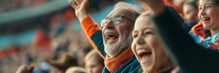 A lively crowd of fans cheer enthusiastically during a sports event at a stadium, showing excitement and camaraderie.