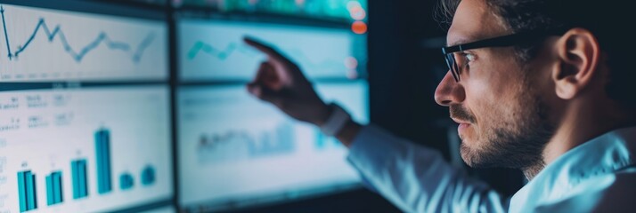 A man in a business environment points to analytical data shown on multiple screens, indicating a focus on data analysis and modern technology.