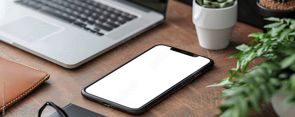 Poster mobile phone on office table with notepad and coffee cup. smartphone white screen mockup for design.
