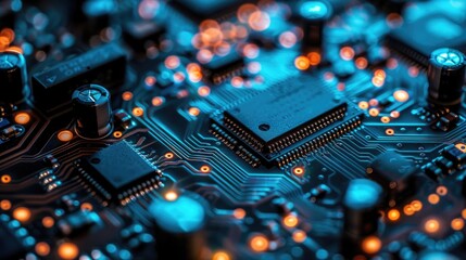 Obraz premium Circuit board microchips with blue backlight. Nanotechnology sustainable background.