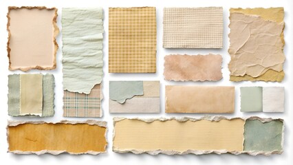 Fototapeta premium A distressed torn paper elements collection featuring ripped edges, peeling stickers, worn textures, and faded backgrounds in warm pastel hues.