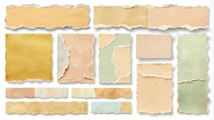 Fototapeta premium A distressed torn paper elements collection featuring ripped edges, peeling stickers, worn textures, and faded backgrounds in warm pastel hues.