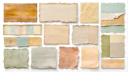 Fototapeta premium A distressed torn paper elements collection featuring ripped edges, peeling stickers, worn textures, and faded backgrounds in warm pastel hues.