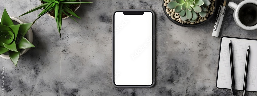 Poster mobile phone on office table with notepad and coffee cup. smartphone white screen mockup for design.
