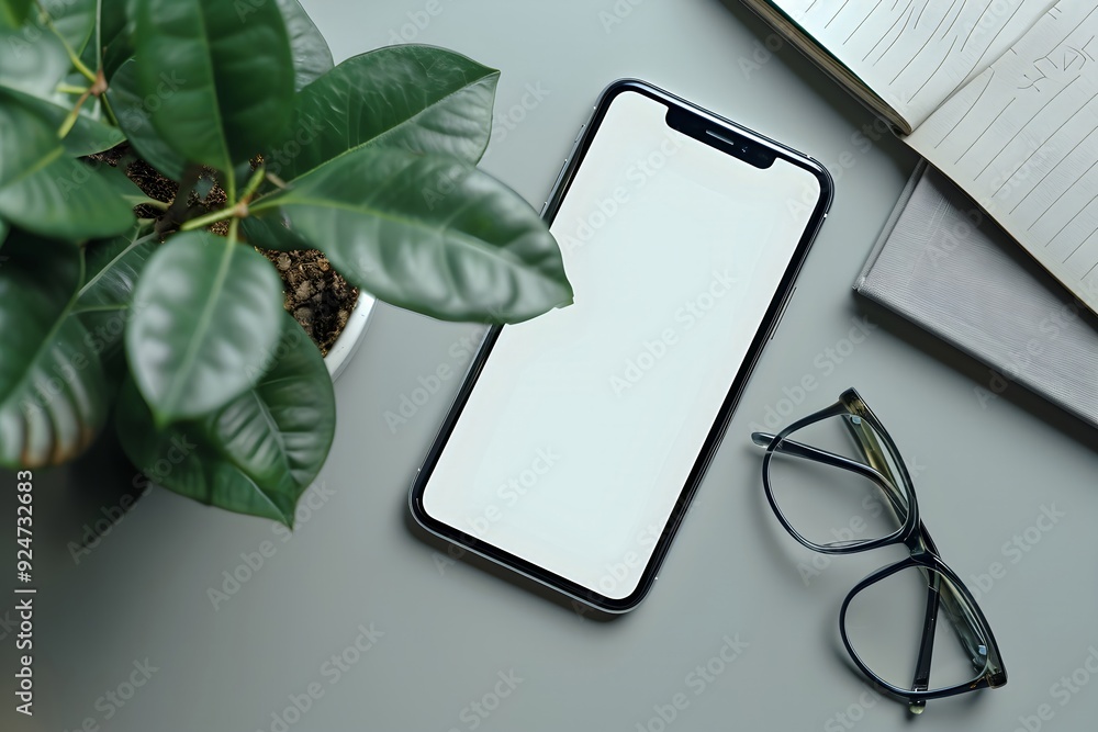 Poster mobile phone on office table with notepad and coffee cup. smartphone white screen mockup for design.