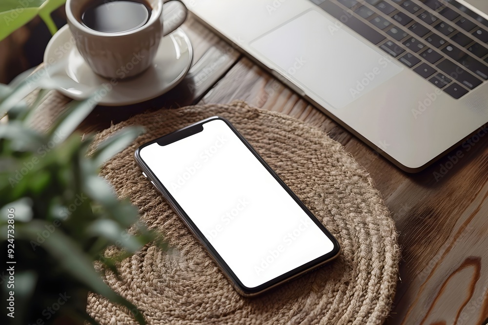 Poster mobile phone on office table with notepad and coffee cup. smartphone white screen mockup for design.