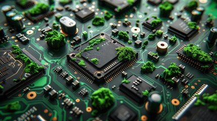 Fototapeta premium Circuit board microchips with green backlight. Nanotechnology sustainable background.