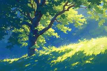 Fototapeta premium Sunlight shining through a large tree in a grassy field. Ideal image for nature, environment, summer, spring, or tranquility.