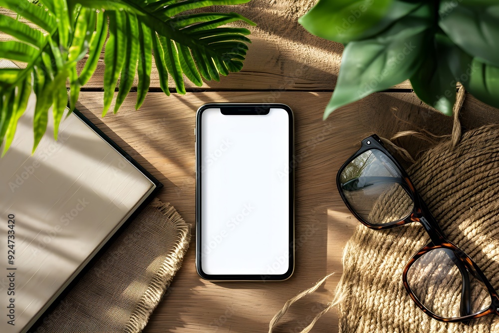Poster mobile phone on office table with notepad and coffee cup. smartphone white screen mockup for design.
