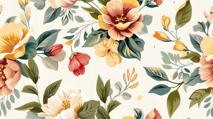 Seamless 1980s chintz pattern with large, colorful floral motifs