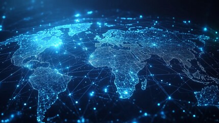 Digital Global Network Map in Cool Blue Tones