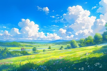 Fototapeta premium Scenic Landscape of Green Meadows, Rolling Hills, and Blue Sky with Fluffy Clouds, Digital Painting or Illustration