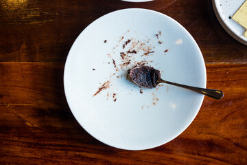 Chocolate cake after eating, that high calories at cafe