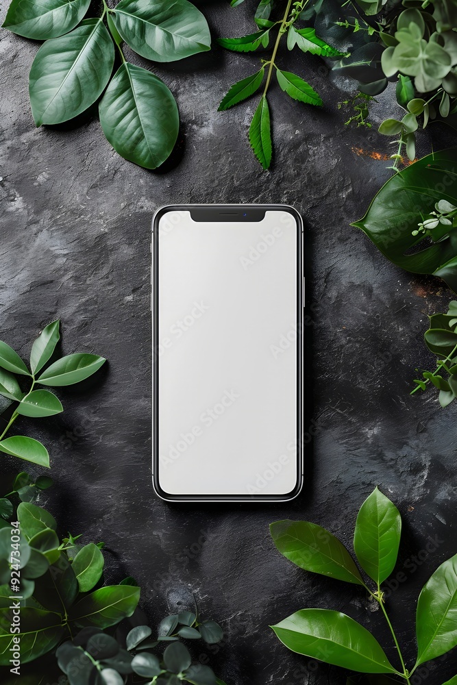 Poster mobile phone on office table with notepad and coffee cup. smartphone white screen mockup for design.