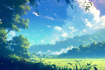 Serene Anime Landscape.  Blue Sky, Lush Green Field, and  Trees, Digital Illustration
