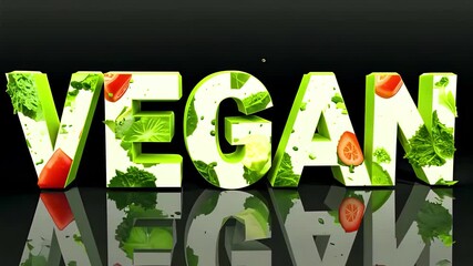 3D Vegan text animated with fresh vegetables and fruits - Powered by Adobe
