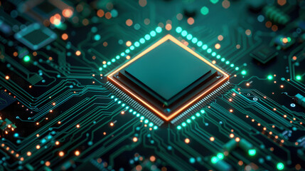 Circuit board microchips with green backlight. Nanotechnology sustainable background.