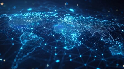 Digital Global Network Map in Cool Blue Tones