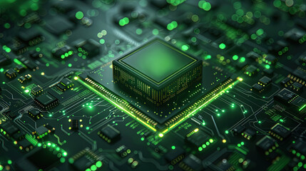 Circuit board microchips with green backlight. Nanotechnology sustainable background.