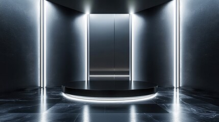 Obraz premium Platinum Showcase Podium in Empty Room, High Shine Polished Metal with Mirrored Surfaces and Black Trim, Ideal for Cosmetic Product Presentations