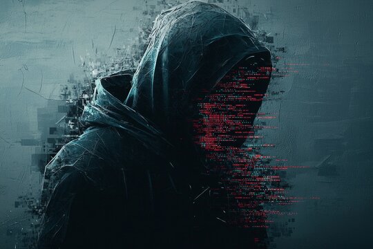 A hooded hacker with a cracked screen effect, with code lines leaking out. 