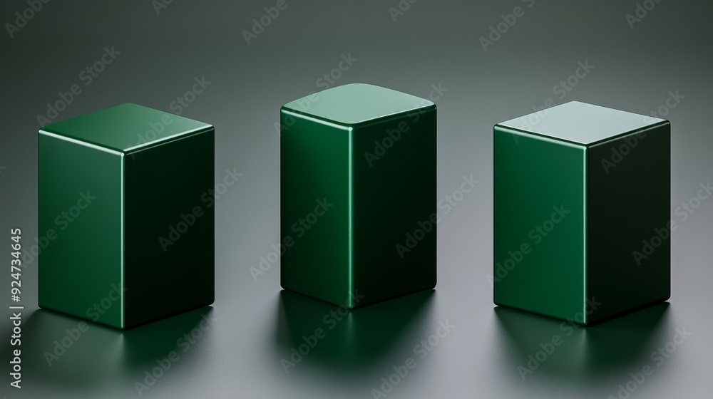 Poster a minimalist arrangement of three green geometric blocks on a smooth surface, emphasizing shape and 